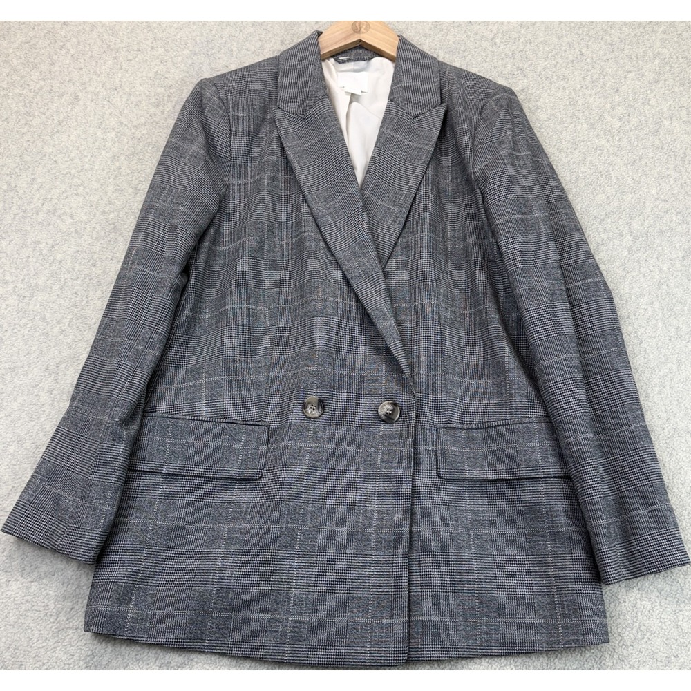 H&M Womens Pant Suit Blazer Gray Plaid Double Breasted Peak Lapel Classic S